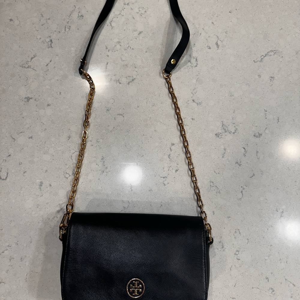 Authentic Tory Burch Black and Gold Crossbody Bag with Chain from Nordstrom.